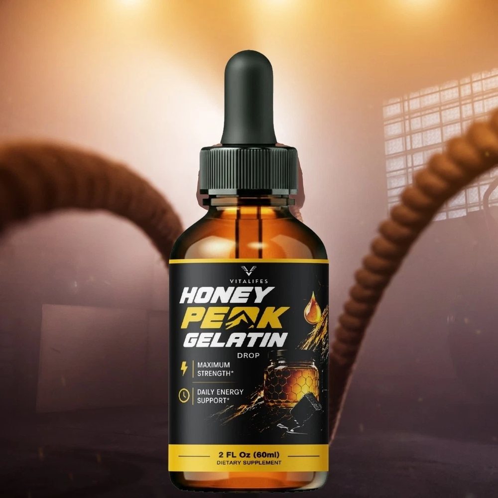 Honey Peak Gelatin bottle photographed beside gym equipment