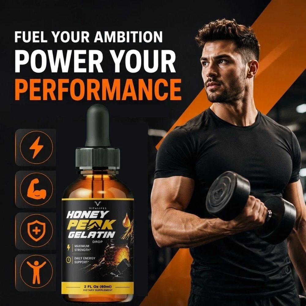 Honey Peak Gelatin marketing panel headlined Fuel your ambition, Power your performance