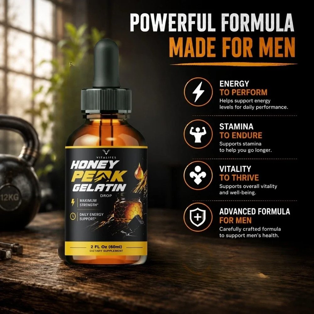 Honey Peak Gelatin marketing panel headlined Powerful formula made for men