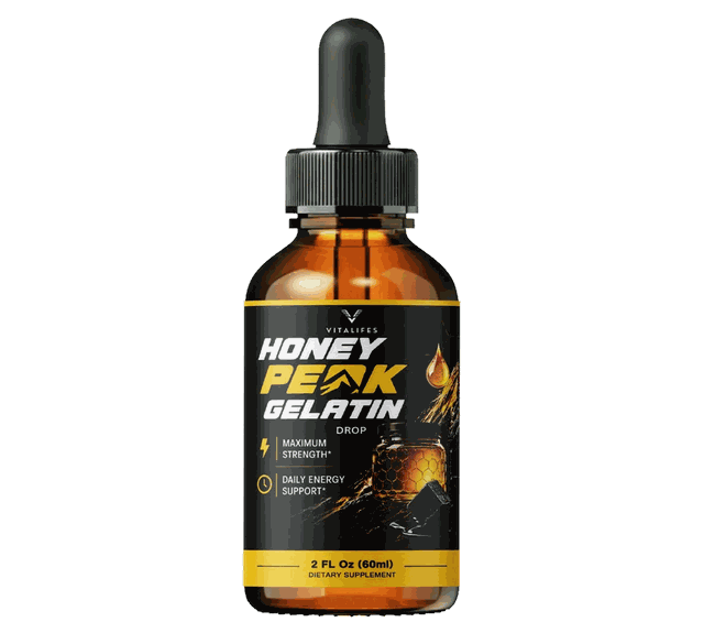 Honey Peak Gelatin 60 ml amber dropper bottle with a black and gold label reading Maximum Strength and Daily Energy Support