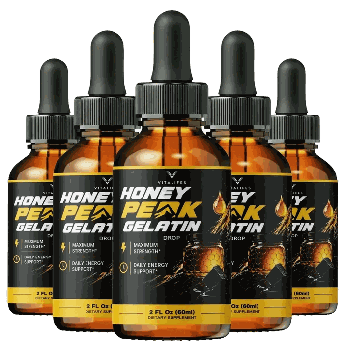 Five Honey Peak Gelatin dropper bottles arranged together