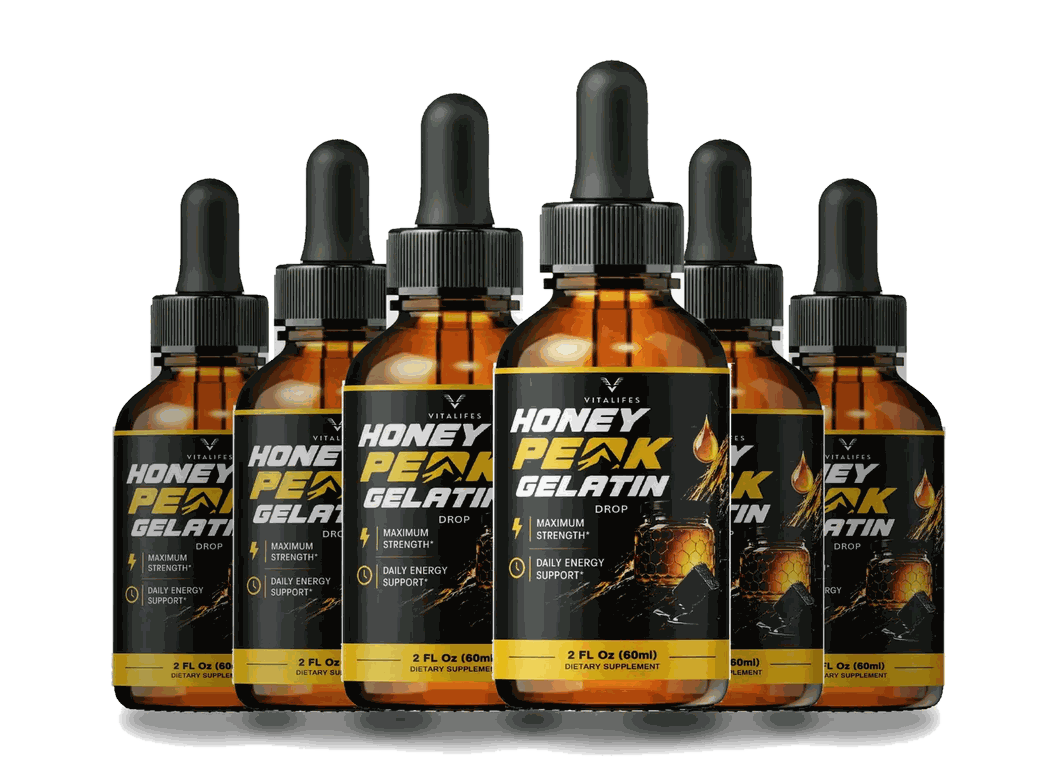 Six Honey Peak Gelatin dropper bottles in a row